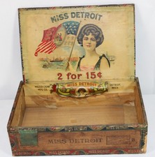 Vintage Wood Paper Miss Detroit American Flag 2-15¢ Cigar Box Tax Stamp Antique
