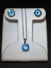 Sterling Silver 925 Round Cut Blue Gemstone Necklace & Matching Earrings Jewelry