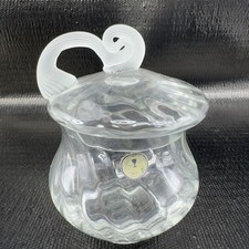 Vintage Romanian Art Glass Sugar Bowl Container Clear Swirl Lid Made In Romania