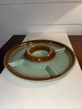 Vintage Rio Grande Chips & Dip Dish Pottery Snack Bowl Tray MCM Green & Brown