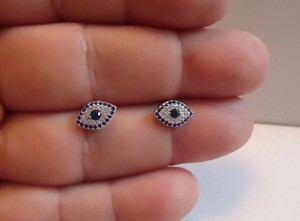 Authentic 1.50Ct Simulated Sapphire & Diamond EVIL EYE Stud Earrings 14K White Gold Plated