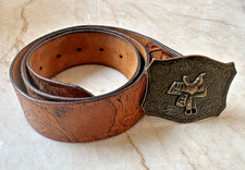 Vintage Western Leather Belt with Buckle Tooled Embossed Horses Trees Size S/M