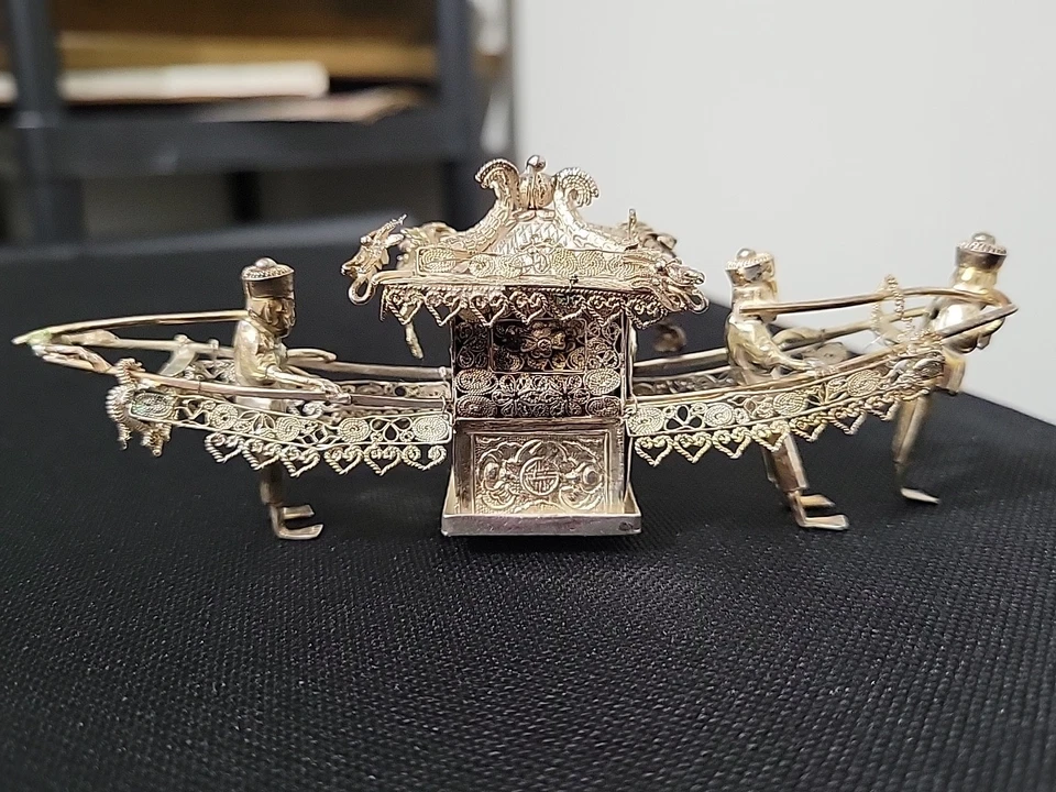 Silla Sedán Antigua China Inusual Plata Miniatura 42g Filigrana Detalle Dragón Foto 4 de 4