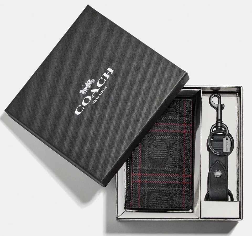 Juego de estuche para tarjetas y valet COACH 'Signature Plaid' de lona recubierta con cremallera para hombre *NUEVO CON ETIQUETAS* Foto 4 de 4
