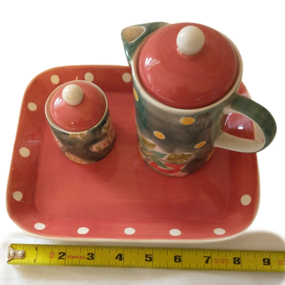 April Cornell Ceramic Sugar Creamer Tea Set Floral Dots Tray Y2K Cottagecore Vtg - Image 2 of 4