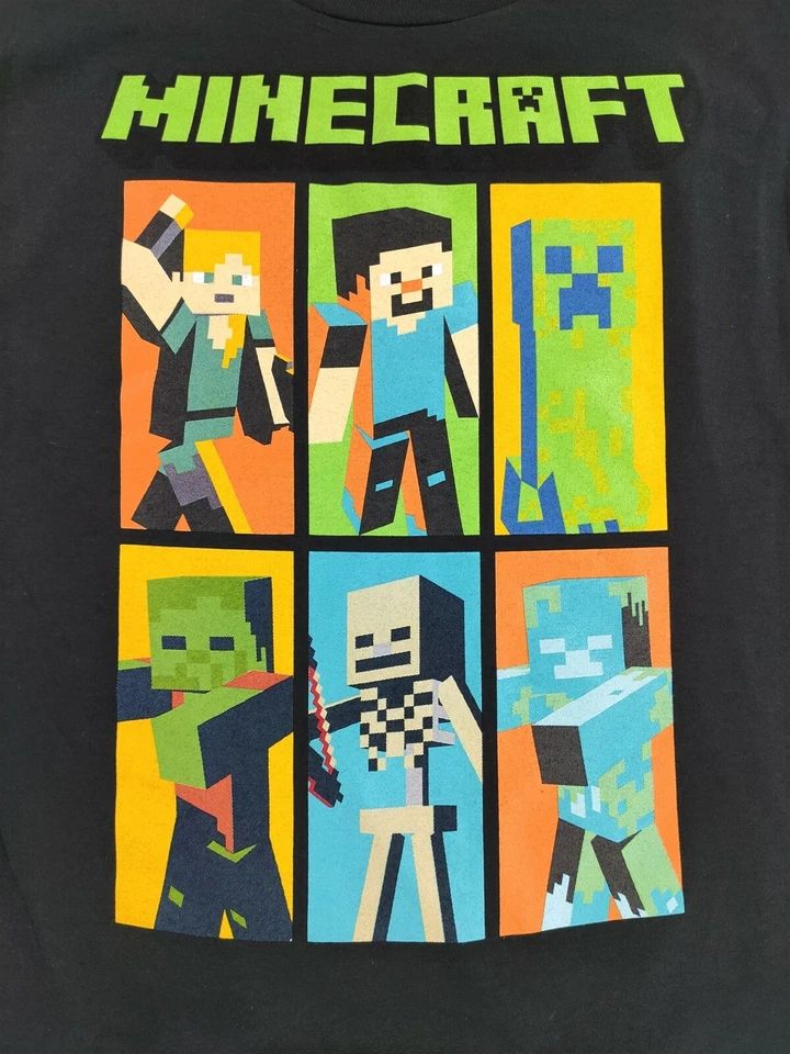 Camisa Minecraft Niños Grande 10-12 Steve Alex Esqueleto Zombie Camiseta Negra Foto 2 de 4