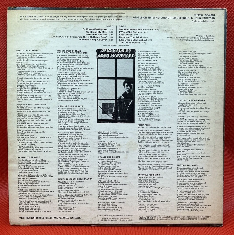 John Hartford – Gentle on My Mind & Other Originals Vinyl LP VG+/VG - Image 2 of 4