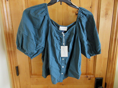 UNIVERSAL THREAD BLOUSE SIZE M TEAL BALLOON SSLV NWT BUTTON FRONT COTTON RELAXED