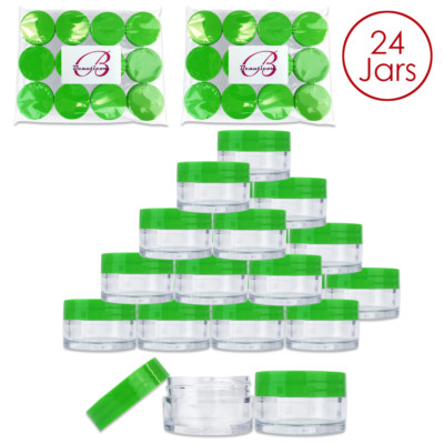 Beauticom  (24 PCS) 20G/20ML Round Clear Plastic Refill Jars with Green Lids