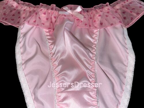 Cute Pink Satin w Heart Print Sheer Chiffon Flutter Sides Bikini Panties XL New - Picture 2 of 5