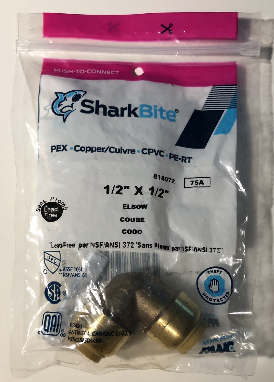 Sharkbite 1/2" Push to Connect 90° Brass Elbow For PEX CPVC PE-RT Copper U248LFZ