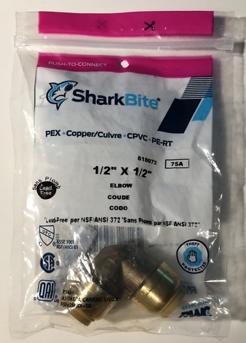 Sharkbite 1/2" Push to Connect 90° Brass Elbow For PEX CPVC PE-RT Copper U248LFZ
