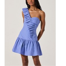 New ASTR Cobalt Blue Cotton One Shoulder Ruffle Mini Dress Drop Waist Medium