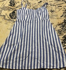 Old Navy Size Medium Blue And White Striped Dress Linen Blend Back Smocking