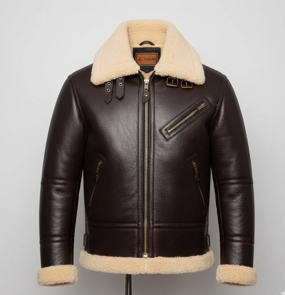 Men’s Brown Leather Aviator Jacket B3 Shearling Collar Warm Winter Bomber Coat