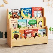 3-Tier Scalloped Bookshelf Montessori Bookcase Toddlers Wooden Book Shelf