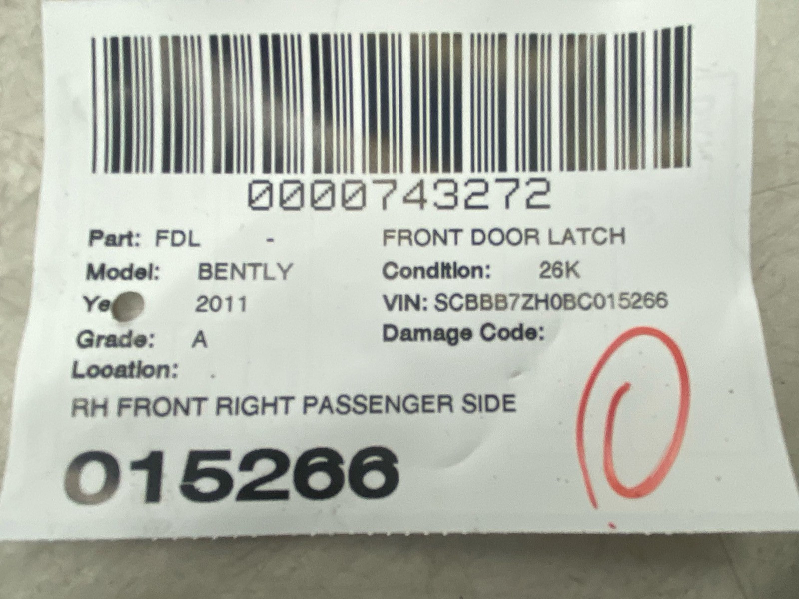 Bentley Mulsanne 2010-2020 Front Right Door latch P/N 3Y1037014