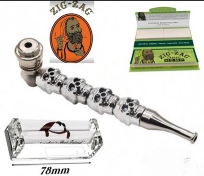 5.04Inch Metal Skull Head Pipe 1 PK Zig-Zag Hemp Papers W Tips 78mm ZZ Roller