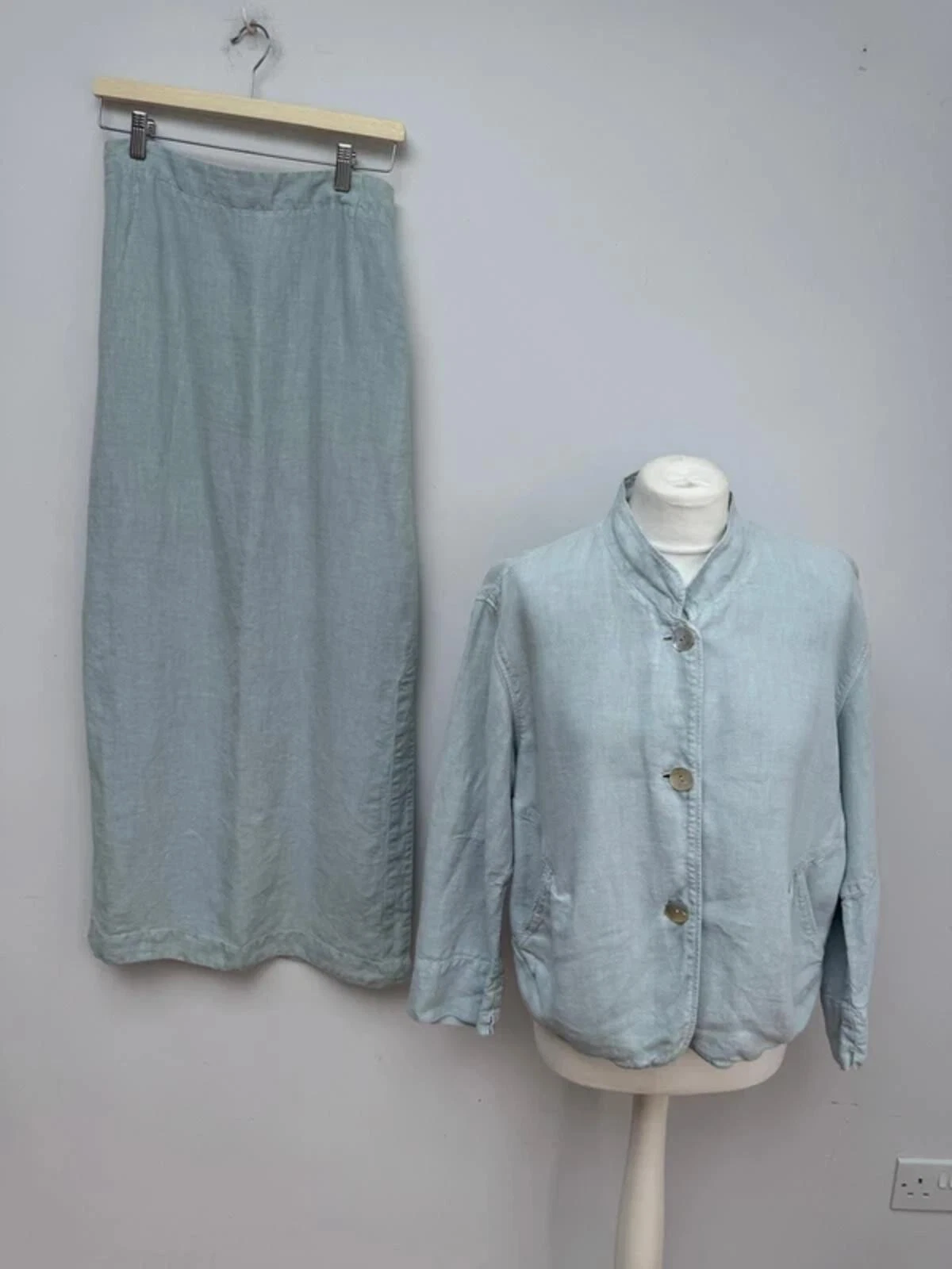 Oska Linen Jacket Skirt Set Size 10 12 Light Blue Lagenlook Layering 100% Linen