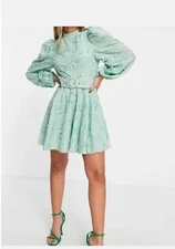 ASOS Women Belted Skater Dress Size US 8 Zimmermann Sage Green Jacquard