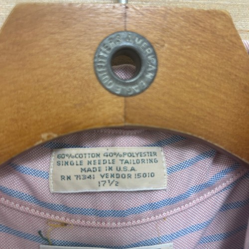 Vintage LL Bean men’s 17.5 short sleeve oxford with pink, blue, and white vertical stripes, made in U.S.A.