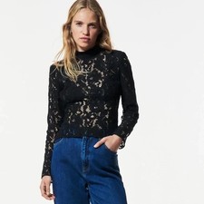 Zara Lace Spitzenbluse XS/34 schwarz 4786/313 Blumen Schulterpad transparent Neu