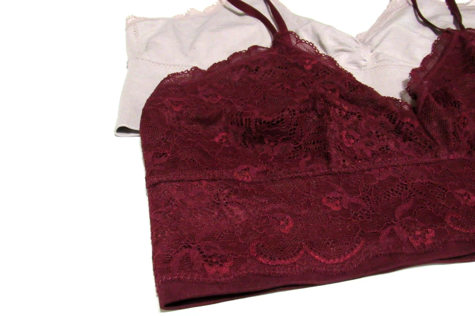 Lot 2 Packs Lily of France Sensational Lace Bralette Wireless L Burgundy Red Tan - Image 2 of 4