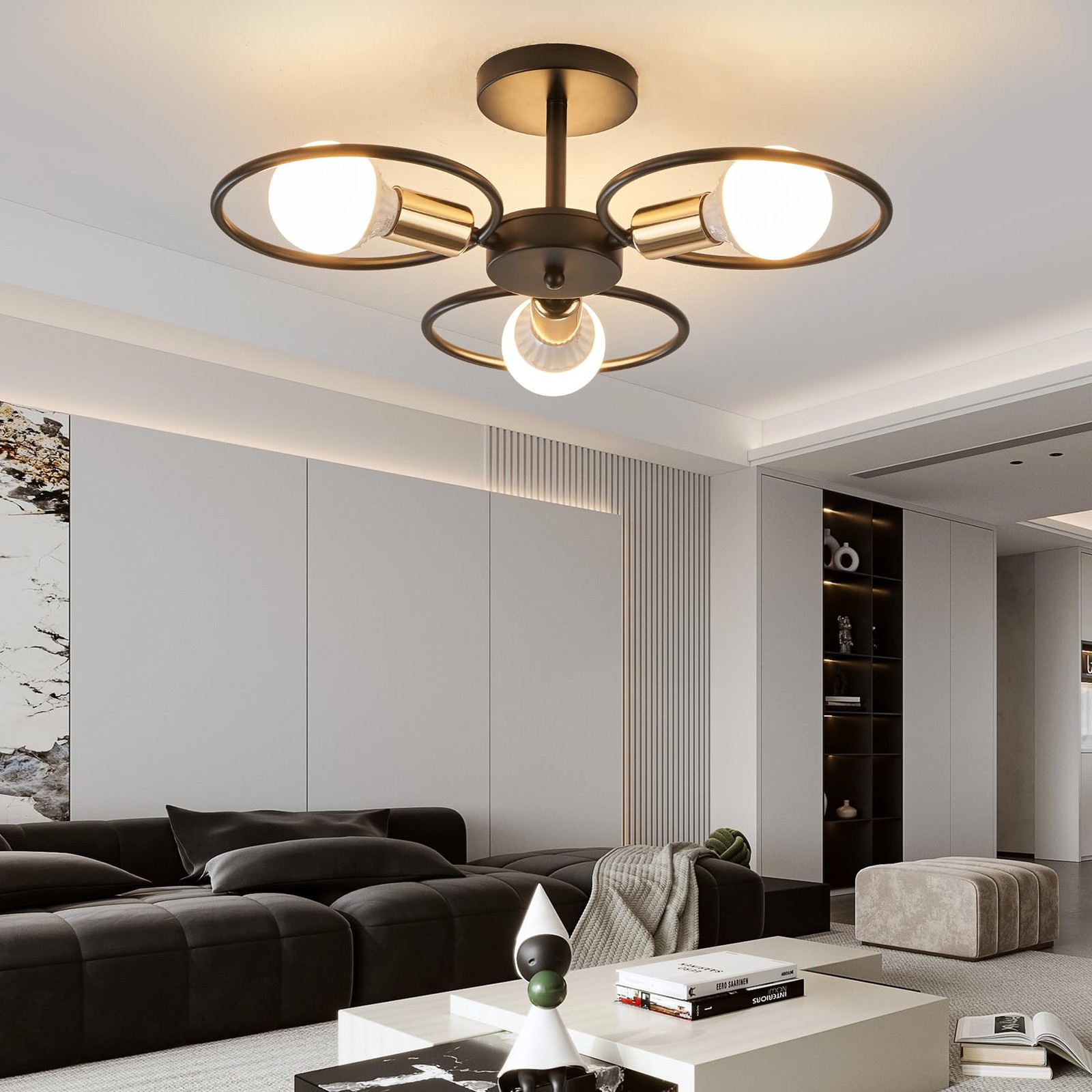 YOODI Plafoniera Soffitto Vintage 3 Luci E27 - Lampadario Nero Retrò