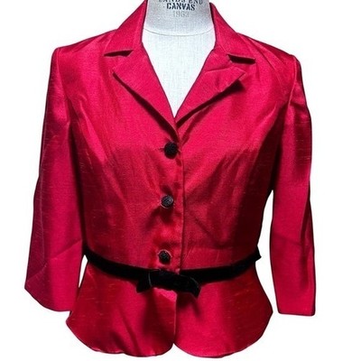 Y2K Red Shantung Look Blazer Petite 12P Velvet Belt Party Jacket
