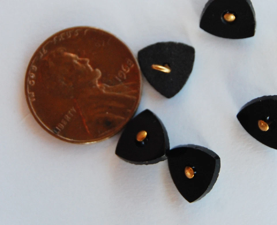 VINTAGE ANTIQUE JET BLACK GLASS BUTTON or BEAD TINY SMALL •  9mm TRIANGLE  - Image 3 of 3