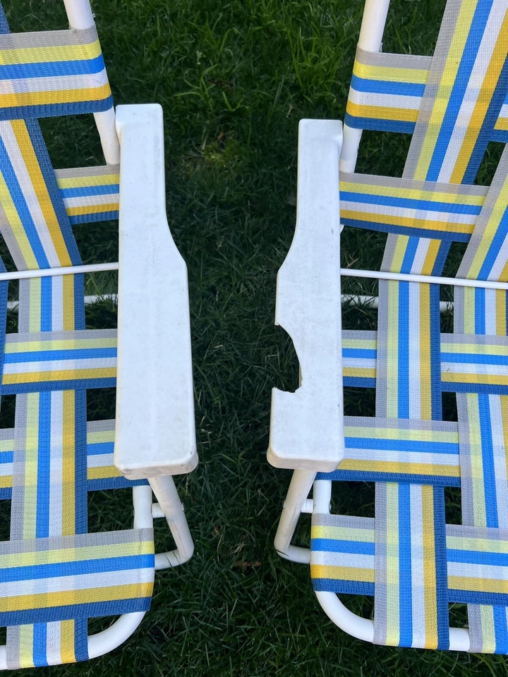 2 Винтажный складной газон стулья с желтый, белый, синий лямки лагерь патио пляж - Изображение 2 из 4