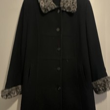 Klass Black Long Virgin Wool & Cashmere Coat With Faux Fur Collar Size 16