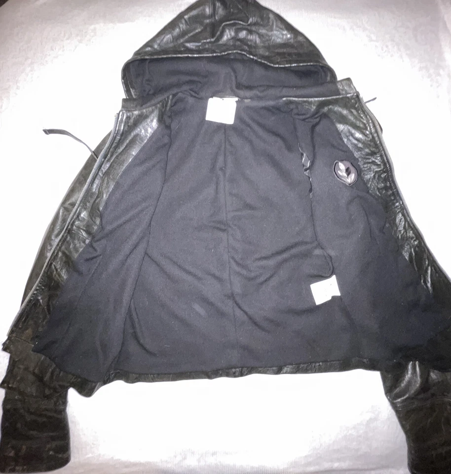 Chaqueta de motociclista Ever Brand Los Feliz con capucha negra de cuero arrugado XS Foto 3 de 4