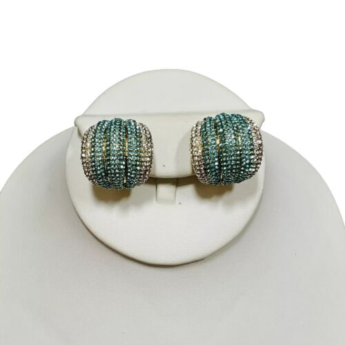 Joan Boyce Pave Crystal Earrings Blue Half Hoop Huggie Clip On Statement New
