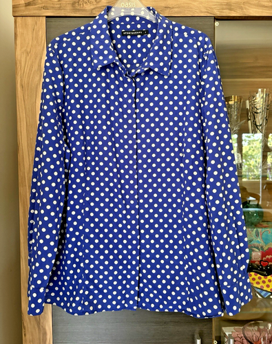SPORTSCRAFT (Size 18) Cotton Silk Blue And White Polka Dot Button Down Shirt