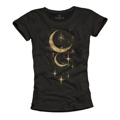 Damenshirt Mond Sterne Astronomie Motiv Schwarz Astrologie Modische Sommer Tops - Bild 1 von 3