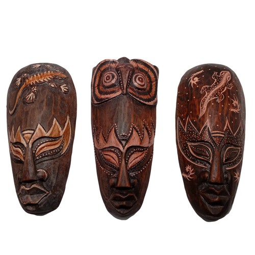 African Wood Mask Animal Tribal Geckos Owl Set 3 Mixed Wall Decor Hanging 8 in - Bild 1 von 18