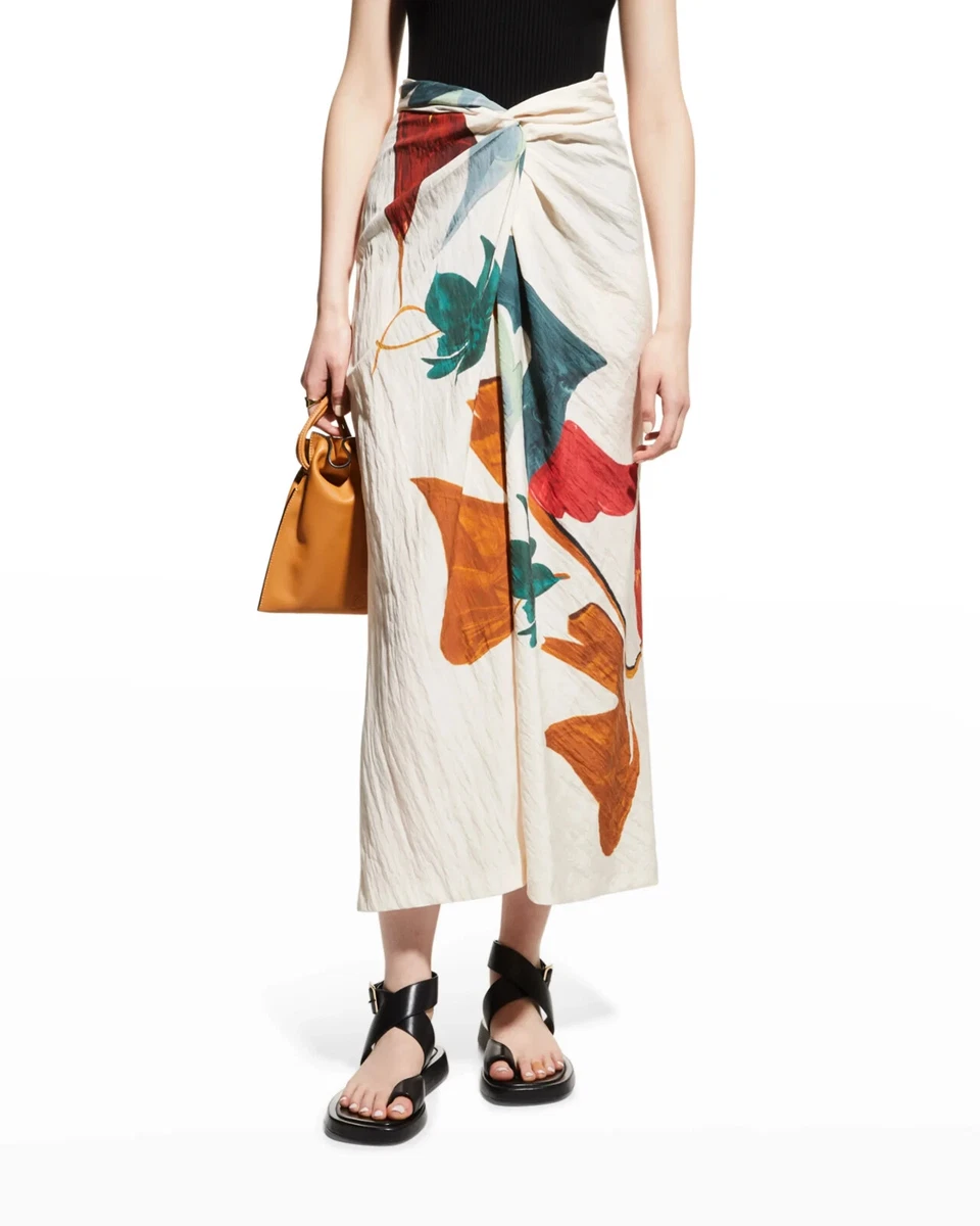 Vince Womens White Floral Painted Draped Twisted Knot Straight