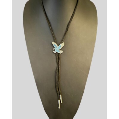 Black Cord Inlaid Turquoise? Eagle Bolo Neck Tie Necklace Bohemian Hippie Boho