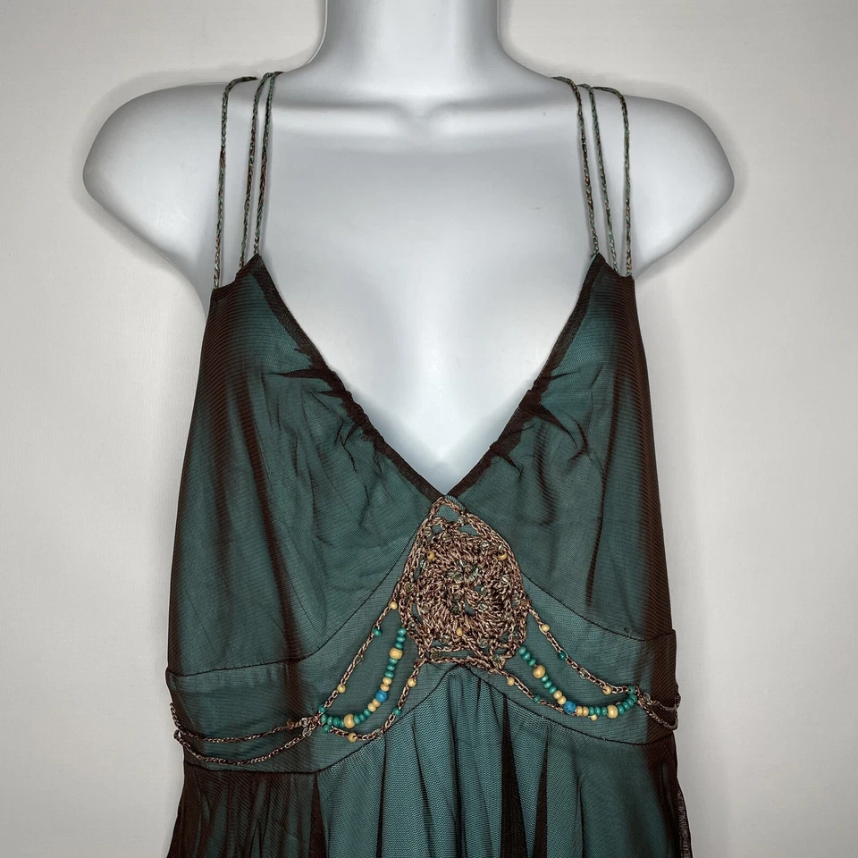 复古 90 年代 Nicole 串珠鸡尾酒懒人连衣裙 8 码棕色蓝色透明雪纺 — 第 2/4 张图片