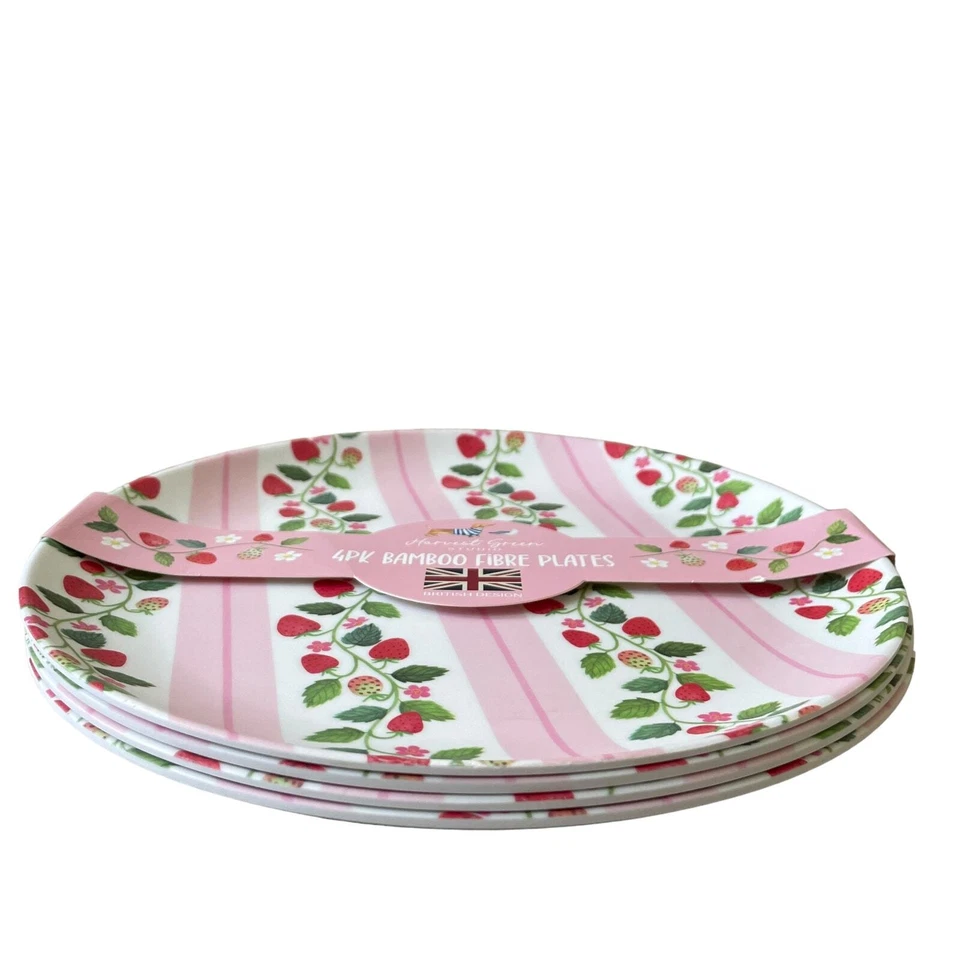 Juego de 4 platos de cena de bambú Harvest Green FRESA 10 pulgadas rosa y blanco nuevos  Foto 3 de 4