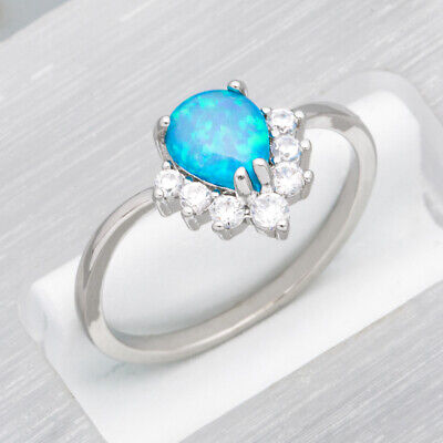 5x7 Pear Blue Fire Opal Curved Band CZ Silver Jewelry Women Ring Size 