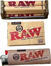 RAW 1 1/2 Rolling Papers + 70mm Rolling Machine + RAW BIC Classic Lighter