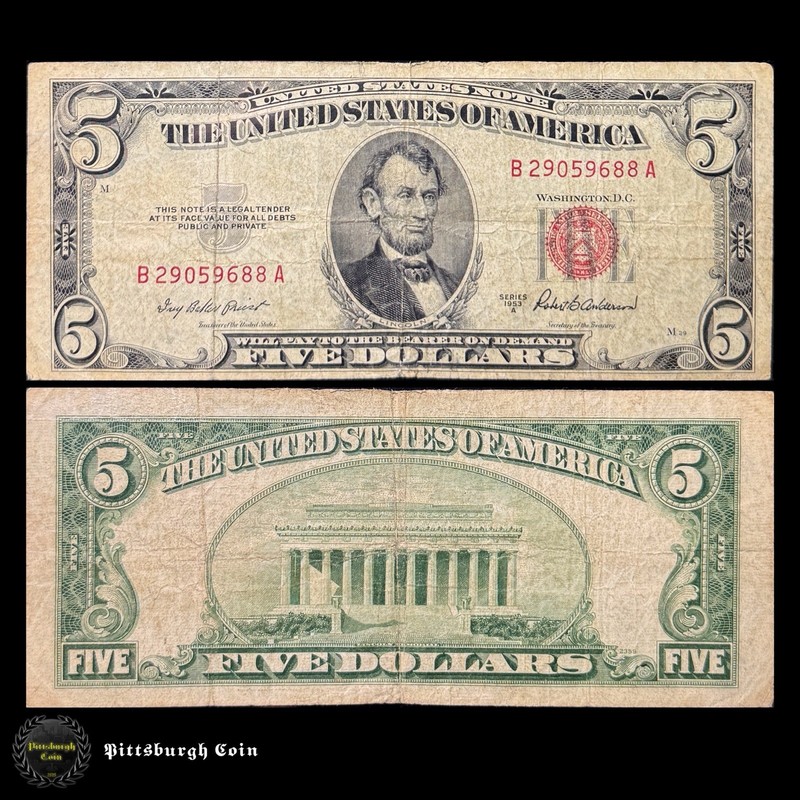 FR 1533 1953A $5 Five Dollar Bill Legal Tender Note Red Seal Vintage Banknote
