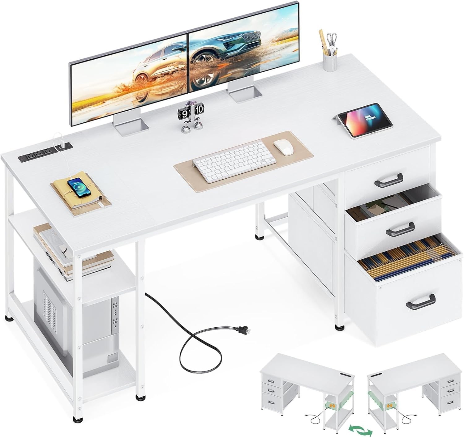 AODK 51 Inch Computer Desk with File Drawers & USB Power Outlets - Reversible H