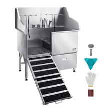 VEVOR Stainless Steel Dog Washing Station, 50 inch Pet Grooming Tub w/ Ramp, Fau