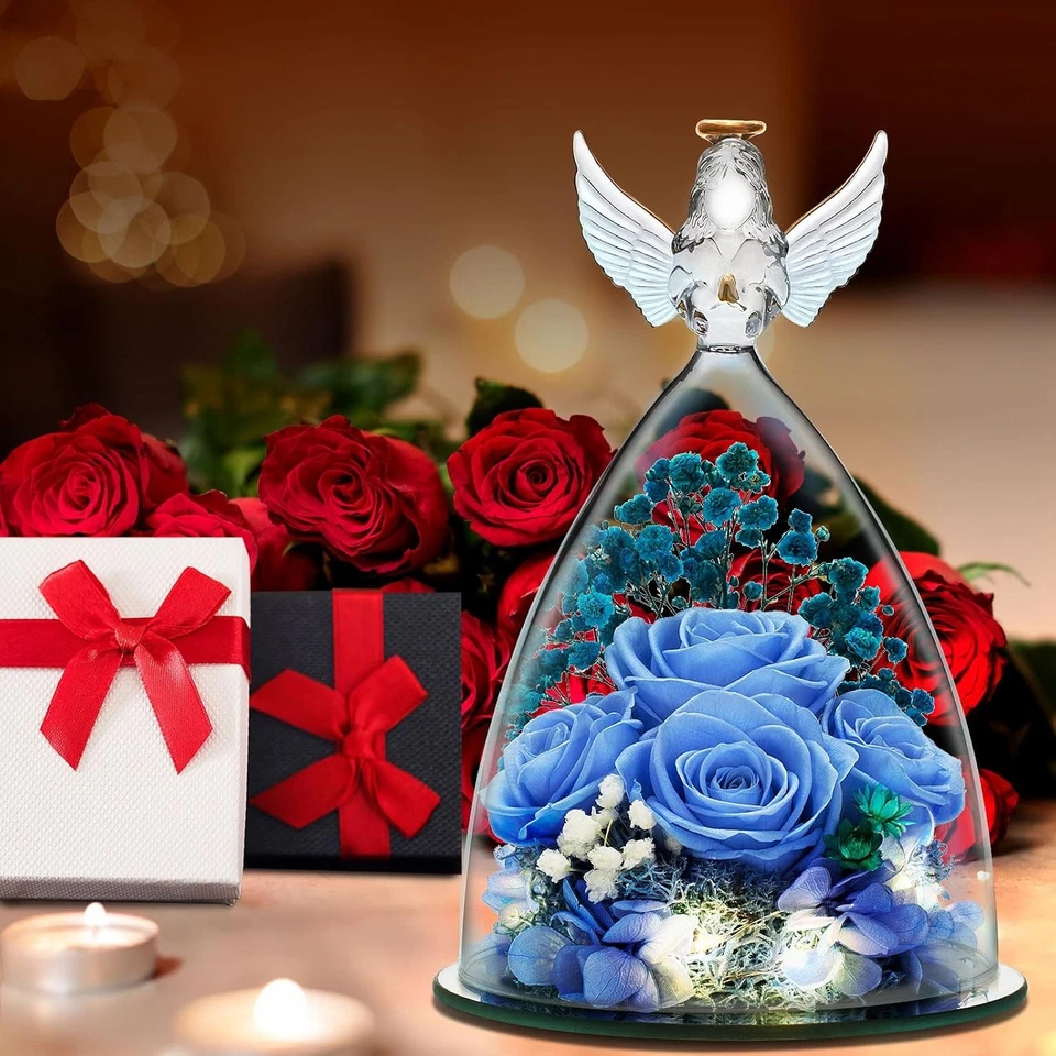 女士生日玫瑰礼物,保存鲜花礼物妈妈,玻璃天蓝色  — 第 3/4 张图片