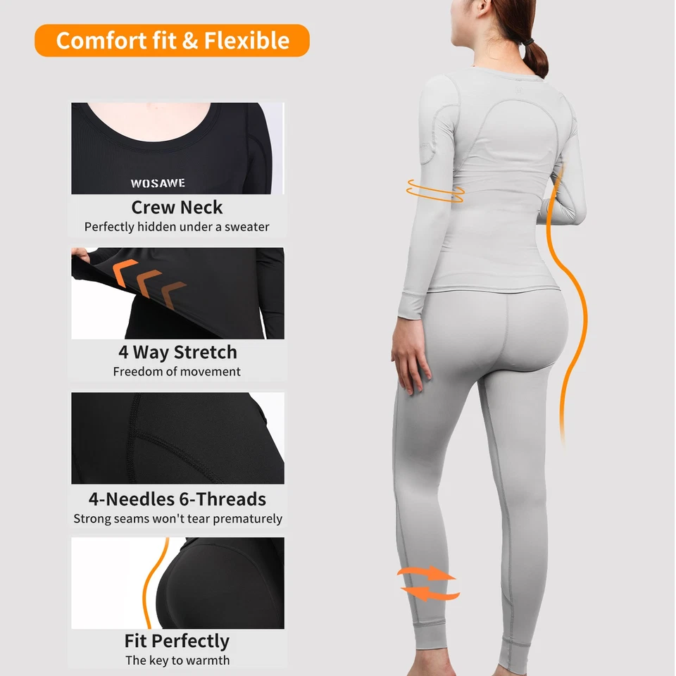 WOSAWE Women Base Layer Quick-Dry Top & Leggings Slim-Fit High-Stretch Underwear - Image 3 of 4