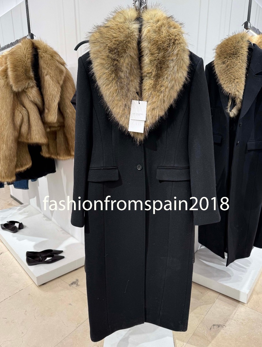 ZARA NEW WOMAN WOOL BLEND COAT WITH FAUX FUR COLLAR ZW BLACK XS-XL