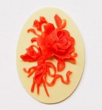 6 Vintage Red over Cream 30x22mm Blooming 3D Roses Leaves Resin Cameos Cabochons